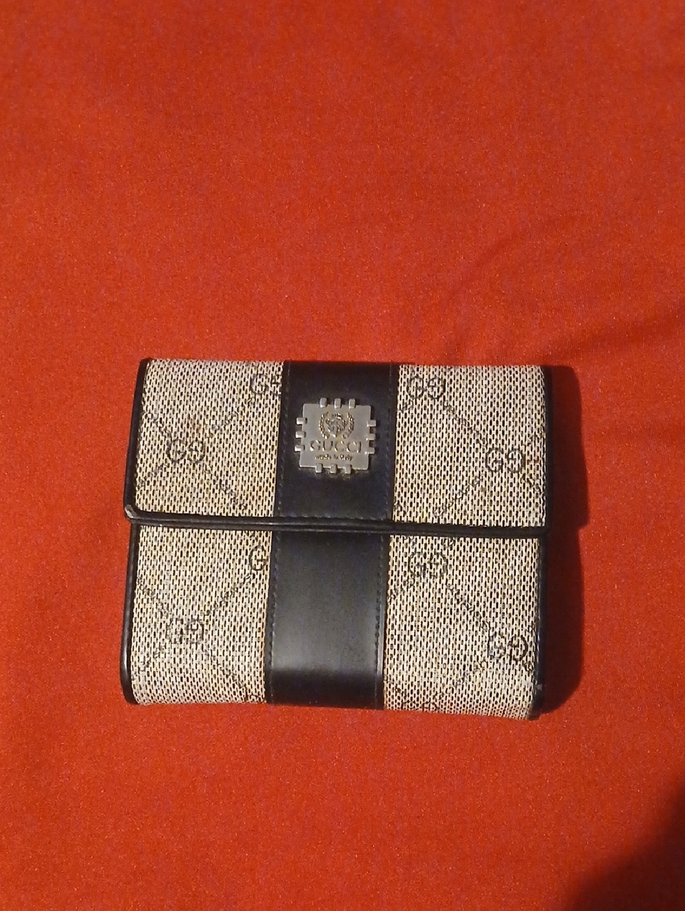 Gucci Beige Monogram Canvas Wallet with Black Leather Stripe